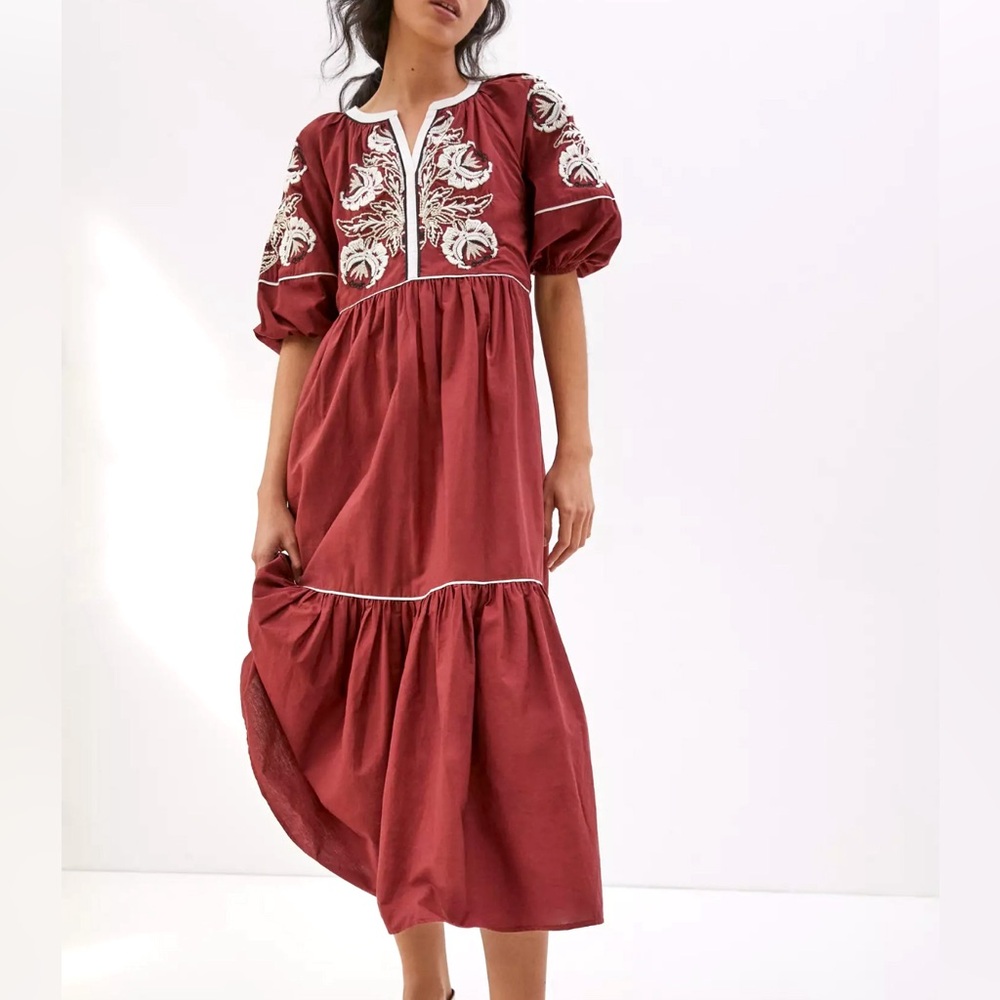 Anthropologie Burgundy Embroidered Midi Dress